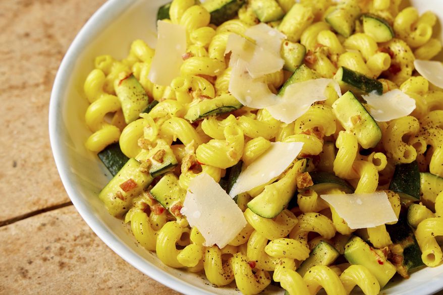 This image released by Milk Street shows a recipe for zucchini pasta with saffron. (Milk Street via AP)