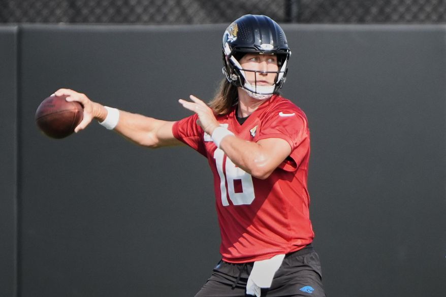 Jacksonville Jaguars quarterback Trevor Lawrence (16) looks for a receiver during a team NFL football practice, Monday, June 2, 2025, in Jacksonville, Fla. (AP Photo/John Raoux)