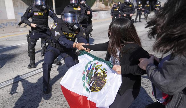 Protesters confront police on the 101 Freeway near the metropolitan detention center of downtown Los Angeles on Sunday, June 8, 2025, following the previous night's immigration raid protest. (AP Photo/Jae C. Hong) **FILE**