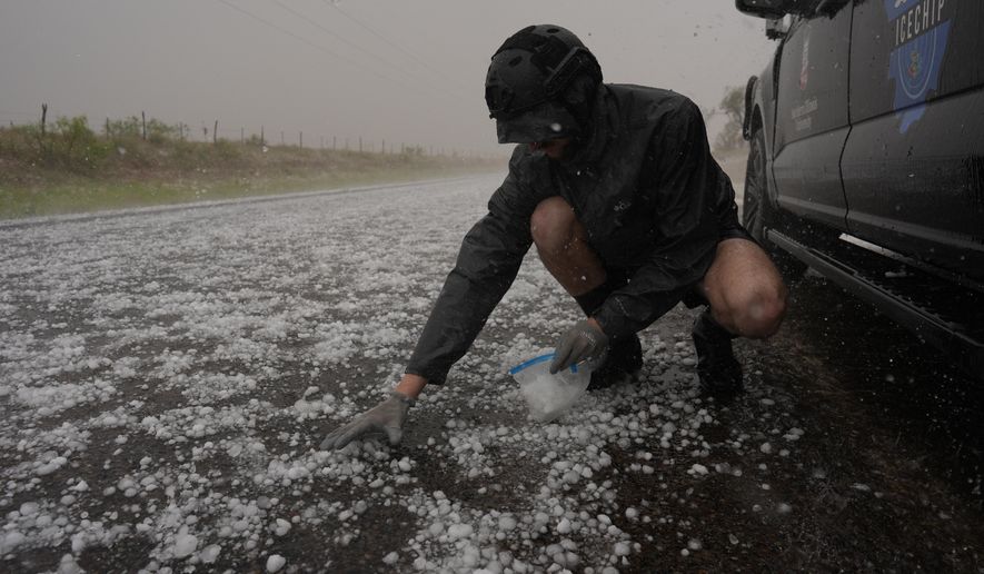 Tony Illenden crouches in a helmet and gloves outside Northern Illinois University's Husky Hail Hunter vehicle to scoop hail into a bag during a storm while on a Project ICECHIP operation Friday, June 6, 2025, in Levelland, Texas. (AP Photo/Carolyn Kaster)