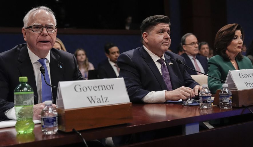 Minnesota Gov. Tim Walz, Illinois Gov. JB Pritzker and New York Gov. Kathy Hochul attend a House Committee on Oversight and Government Reform hearing, Thursday, June 12, 2025, at the U.S. Capitol in Washington. (AP Photo/Julia Demaree Nikhinson)