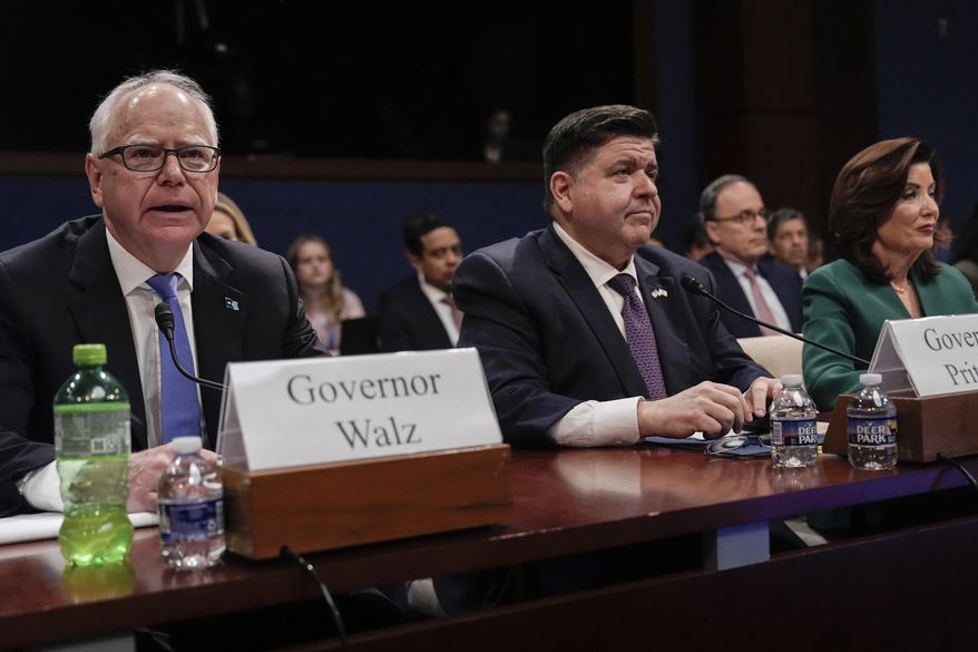 Minnesota Gov. Tim Walz, Illinois Gov. JB Pritzker and New York Gov. Kathy Hochul attend a House Committee on Oversight and Government Reform hearing, Thursday, June 12, 2025, at the U.S. Capitol in Washington. (AP Photo/Julia Demaree Nikhinson)