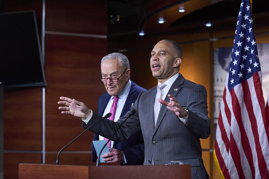 Senate Minority Leader Chuck Schumer, D-N.Y., left, and House Minority Leader Hakeem Jeffries, D-N.Y., hold a news conference on the GOP reconciliation bill, at the Capitol in Washington, Wednesday, June 11, 2025. (AP Photo/J. Scott Applewhite) ** FILE **