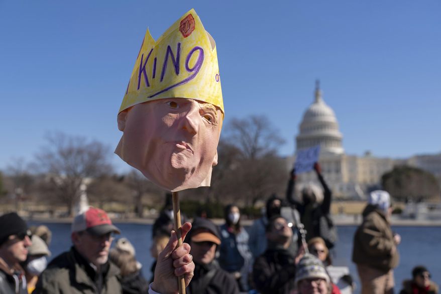 People take part in the "No Kings Day" protest on Presidents Day in Washington, in support of federal workers and against recent actions by President Donald Trump and Elon Musk, Monday, Feb. 17, 2025, by the Capitol in Washington. (AP Photo/Jose Luis Magana) **FILE**