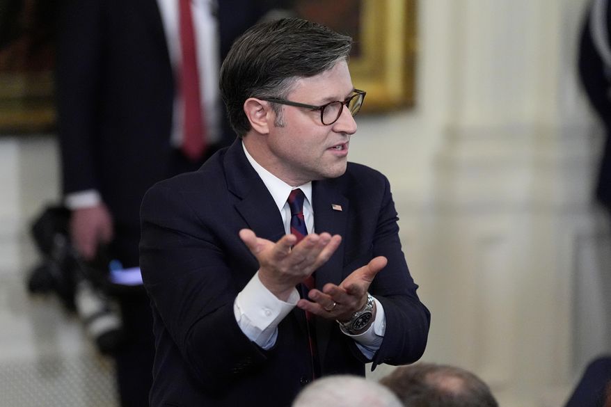 House Speaker Mike Johnson, R-La., attends a signing event for a bill blocking California's rule banning the sale of new gas-powered cars by 2035, in the East Room of the White House, Thursday, June 12, 2025, in Washington. (AP Photo/Alex Brandon)