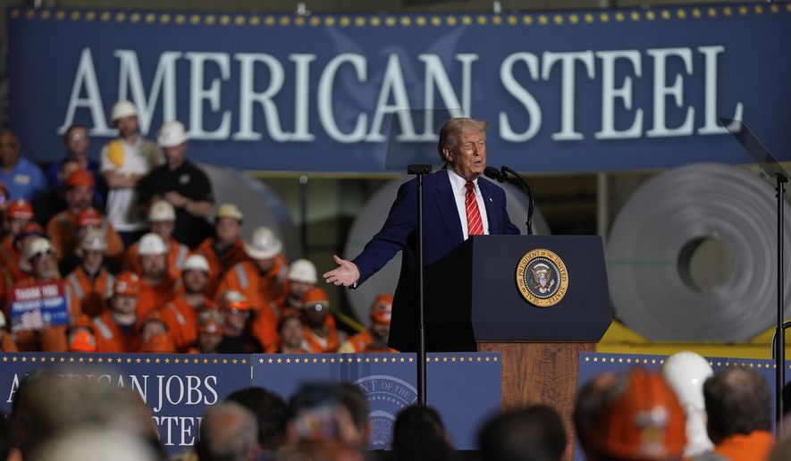 President Donald Trump speaks at U.S. Steel Corp.'s Mon Valley Works-Irvin plant, Friday, May 30, 2025, in West Mifflin, Pa. (AP Photo/Julia Demaree Nikhinson) ** FILE **