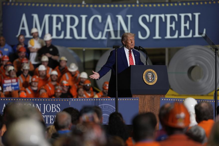 President Donald Trump speaks at U.S. Steel Corp.'s Mon Valley Works-Irvin plant, Friday, May 30, 2025, in West Mifflin, Pa. (AP Photo/Julia Demaree Nikhinson) ** FILE **
