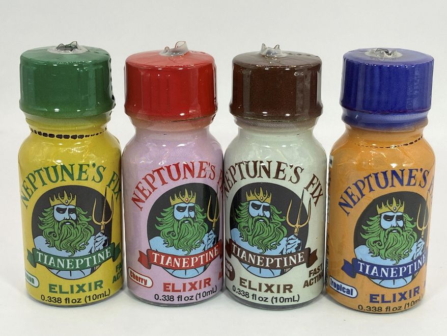 This photo provided by the FDA in January 2024 shows bottles of Neptunes Fix Elixir, a product labeled to contain tianeptine. (FDA Office of Regulatory Affairs, Health Fraud Branch via AP)