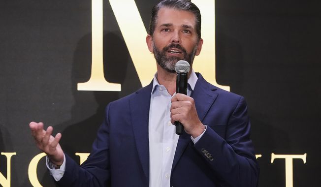 Donald Trump Jr. participates in the announcement of Trump Mobile, in New York's Trump Tower, Monday, June 16, 2025. (AP Photo/Richard Drew)