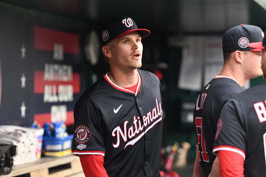 Washington Nationals third baseman Brady House (55) in the dugout before the start of an MLB game against the Colorado Rockies at Nationals Park in Washington D.C., June 16, 2025. (Photo by All-Pro Reels for Washington Times Sports)
