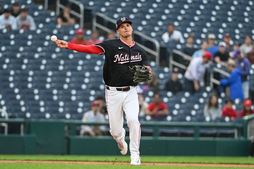Washington Nationals third baseman Brady House (55) making the throw to first after fielding a ground ball during the first inning of an MLB game against the Colorado Rockies at Nationals Park in Washington D.C., June 16, 2025. (Photo by All-Pro Reels for Washington Times Sports)