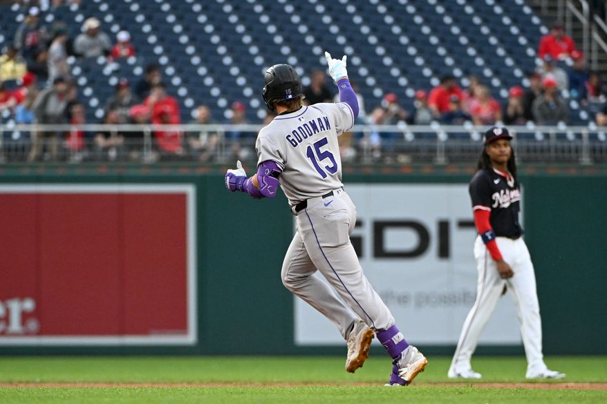 Colorado Rockies catcher Hunter Goodman (15) rounding the bases after hitting a home run during the first inning of an MLB game against the Washington Nationals at Nationals Park in Washington D.C., June 16, 2025. (Photo by All-Pro Reels for Washington Times Sports)
