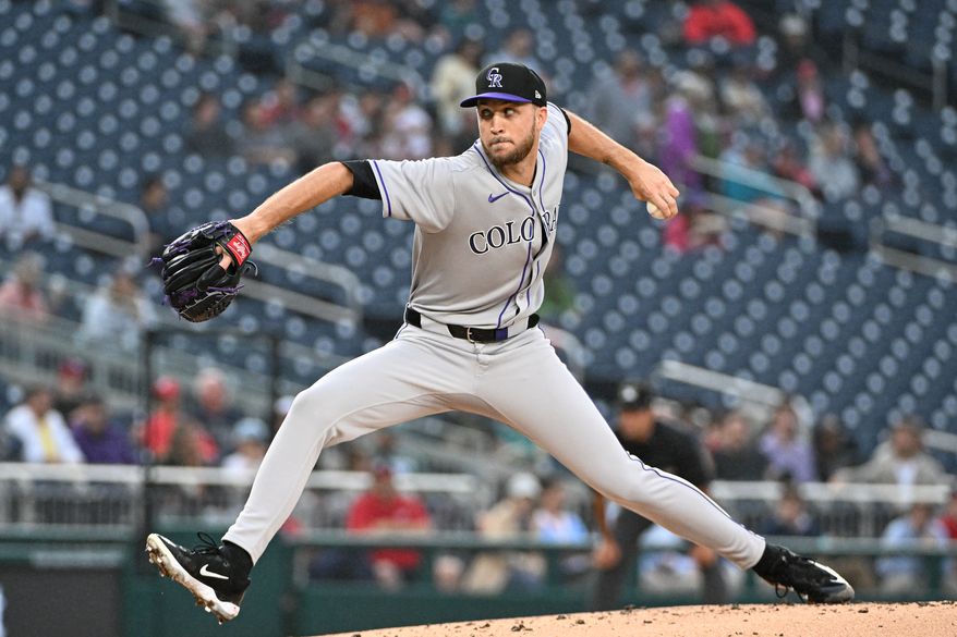 Colorado Rockies starting pitcher Carson Palmquist (45) throwing a pitch during the first inning of an MLB game against the Washington Nationals at Nationals Park in Washington D.C., June 16, 2025. (Photo by All-Pro Reels for Washington Times Sports)
