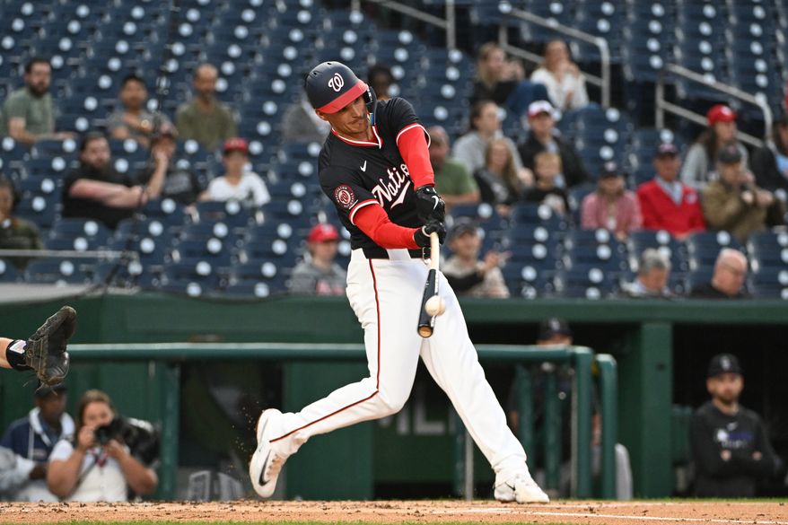 Washington Nationals third baseman Brady House (55) taking his first swing in the major leagues during the first inning of an MLB game against the Colorado Rockies at Nationals Park in Washington D.C., June 16, 2025. House flied out to left on the swing. (Photo by All-Pro Reels for Washington Times Sports)