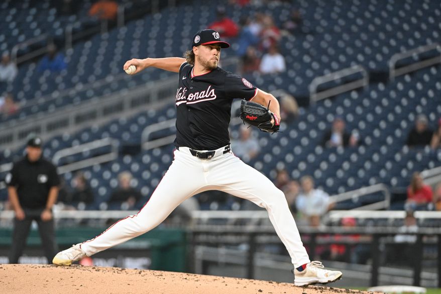 Washington Nationals starting pitcher Jake Irvin (27) throwing a pitch during the third inning of an MLB game against the Colorado Rockies at Nationals Park in Washington D.C., June 16, 2025. (Photo by All-Pro Reels for Washington Times Sports)