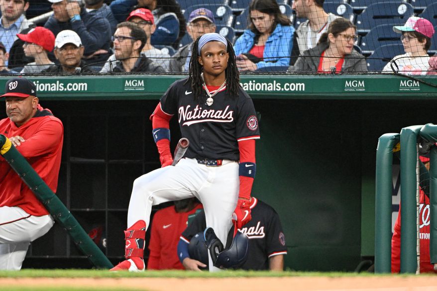 Washington Nationals shortstop C.J. Abrams (5) on the top step of the dugout during the fourth inning of an MLB game against the Colorado Rockies at Nationals Park in Washington D.C., June 16, 2025. (Photo by All-Pro Reels for Washington Times Sports)