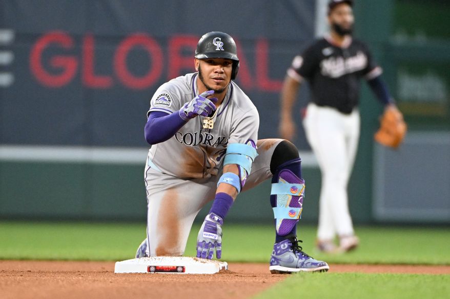 Colorado Rockies second baseman Thairo Estrada (39) on second base after hitting a double fourth inning of an MLB game against the Washington Nationals at Nationals Park in Washington D.C., June 16, 2025. (Photo by All-Pro Reels for Washington Times Sports)