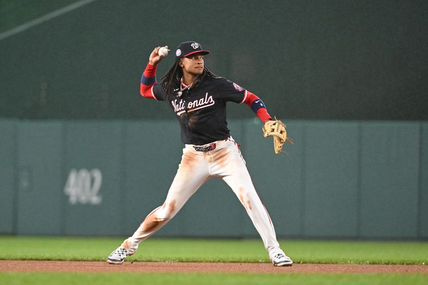 Washington Nationals shortstop C.J. Abrams (5) making the throw to first after fielding a ground ball off the bat of Colorado Rockies catcher Hunter Goodman (15) during the sixth inning of an MLB game at Nationals Park in Washington D.C., June 16, 2025. (Photo by All-Pro Reels for Washington Times Sports)