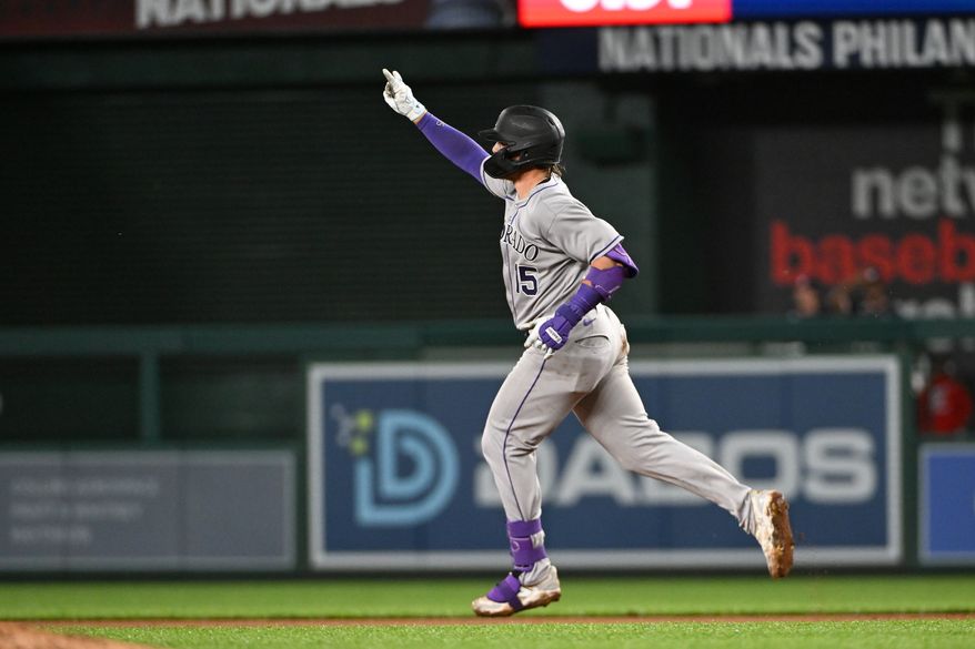 Colorado Rockies catcher Hunter Goodman (15) rounding the bases after hitting a game-tying home run during the ninth inning of an MLB game against the Washington Nationals at Nationals Park in Washington D.C., June 16, 2025. (Photo by All-Pro Reels for Washington Times Sports)