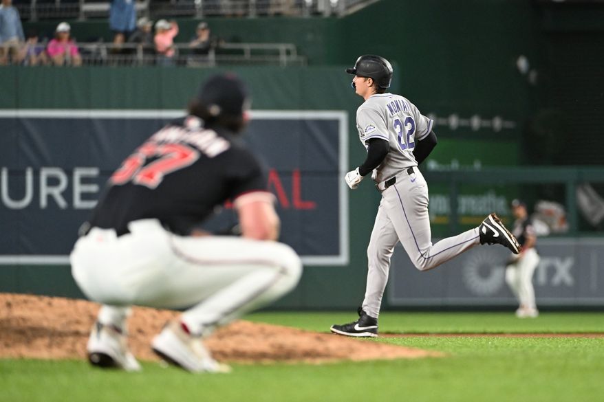 Colorado Rockies right fielder Mickey Moniak (22) rounding the bases after hitting a home run during the ninth inning of an MLB game against the Washington Nationals at Nationals Park in Washington D.C., June 16, 2025. It was Colorado’s second home run of the inning. (Photo by All-Pro Reels for Washington Times Sports)