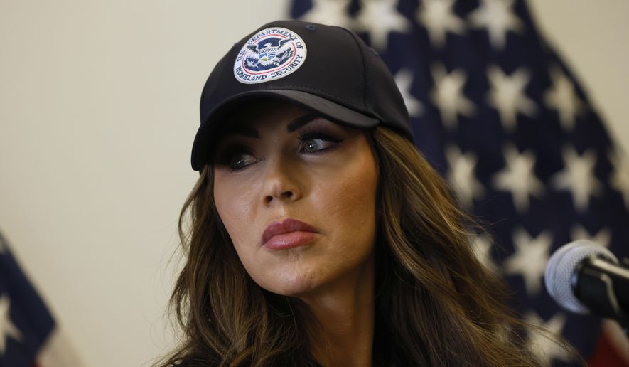 Homeland Security Secretary Kristi Noem holds a news conference regarding the recent protests in Los Angeles on Thursday, June 12, 2025. (AP Photo/Etienne Laurent) ** FILE **
