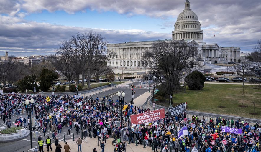 Anti-abortion activists gather on Capitol Hill during the first March for Life since the Supreme Court overturned the Roe vs. Wade decision that created a legal right to an abortion in the United States, in Washington, Friday, Jan. 20, 2023. (AP Photo/J. Scott Applewhite, File)