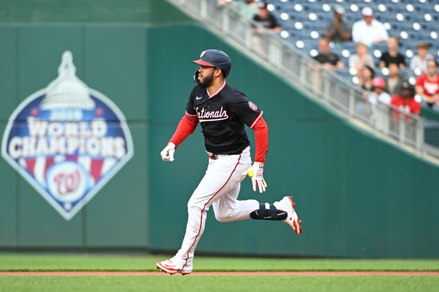 Washington Nationals second baseman Luis Garcia (2) running the bases after hitting a triple during the first inning of an MLB game against the Colorado Rockies at Nationals Park in Washington D.C., June 17, 2025. (Photo by All-Pro Reels for Washington Times Sports)