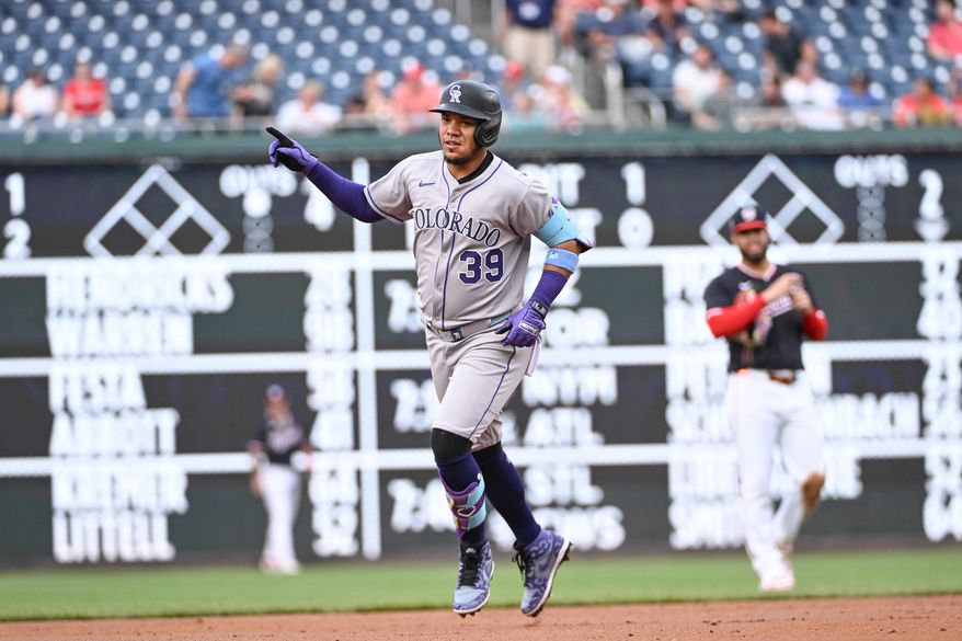 Colorado Rockies second baseman Thairo Estrada (39) rounding the bases after hitting a home run during the second inning of an MLB game against the Washington Nationals at Nationals Park in Washington D.C., June 17, 2025. (Photo by All-Pro Reels for Washington Times Sports)