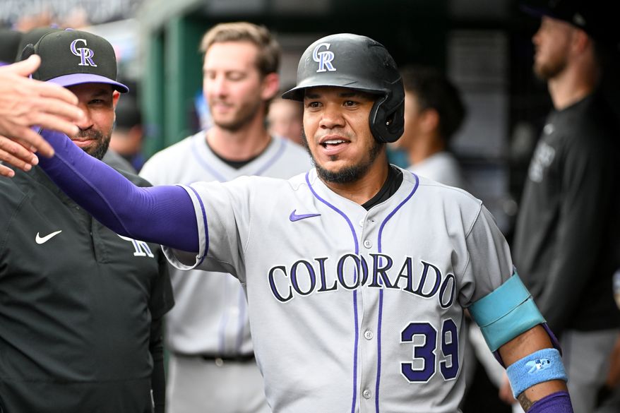 Colorado Rockies second baseman Thairo Estrada (39) in the dugout after hitting a home run during the second inning of an MLB game against the Washington Nationals at Nationals Park in Washington D.C., June 17, 2025. (Photo by All-Pro Reels for Washington Times Sports)