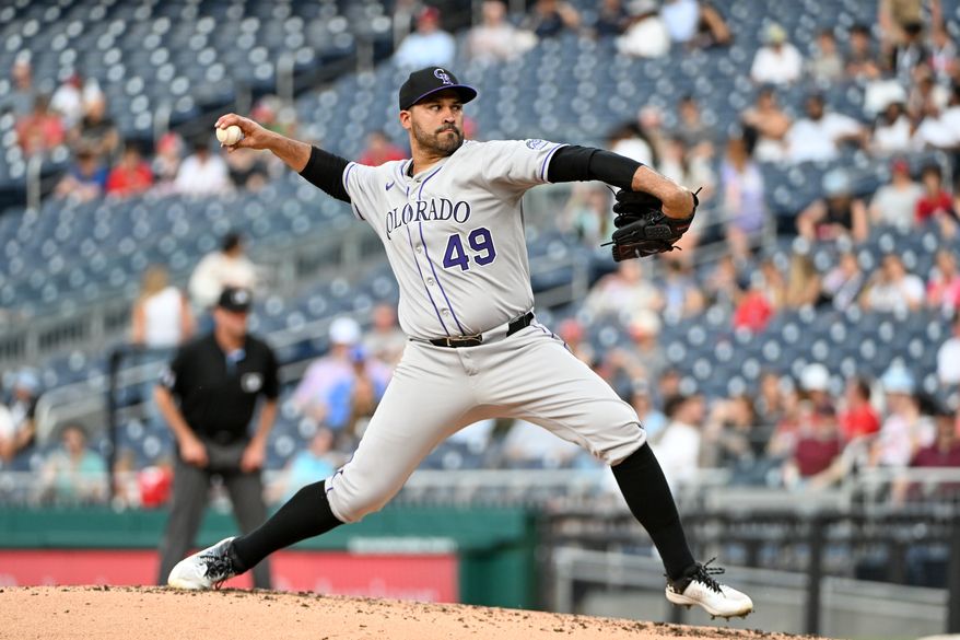 Colorado Rockies starting pitcher Antonio Senzatela (49) throwing a pitch during the second inning of an MLB game against the Washington Nationals at Nationals Park in Washington D.C., June 17, 2025. (Photo by All-Pro Reels for Washington Times Sports)