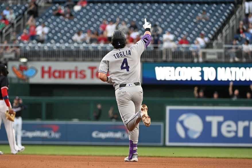 Colorado Rockies first baseman Michael Toglia (4) rounding the bases after hitting a home run during the fourth inning of an MLB game against the Washington Nationals at Nationals Park in Washington D.C., June 17, 2025. (Photo by All-Pro Reels for Washington Times Sports)
