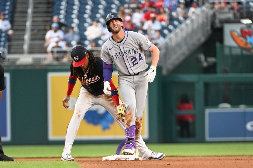 Colorado Rockies third baseman Ryan McMahon (24) standing on second after hitting a double during the sixth inning of an MLB game against the Washington Nationals at Nationals Park in Washington D.C., June 17, 2025. (Photo by All-Pro Reels for Washington Times Sports)