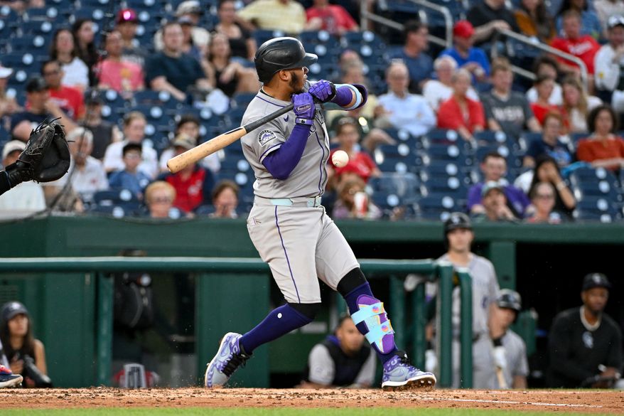 Colorado Rockies second baseman Thairo Estrada (39) getting hit by a pitch by Washington Nationals starting pitcher Michael Soroka (34) during the sixth inning of an MLB game at Nationals Park in Washington D.C., June 17, 2025. (Photo by All-Pro Reels for Washington Times Sports)