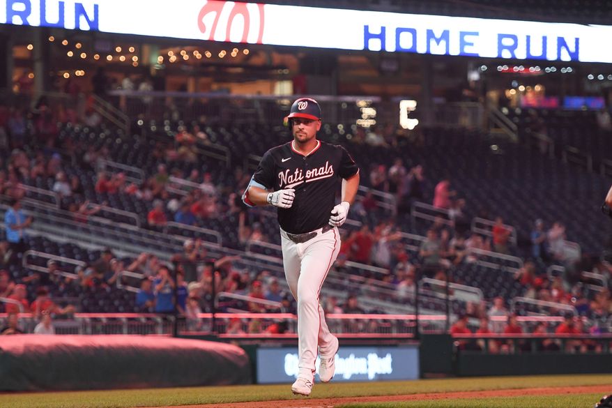 Washington Nationals first baseman Nate Lowe (33) rounding the bases after hitting a home run during the eighth inning of an MLB game against the Colorado Rockies at Nationals Park in Washington D.C., June 17, 2025. (Photo by All-Pro Reels for Washington Times Sports)