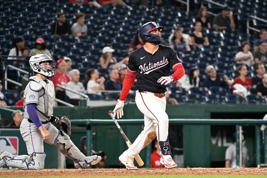 Washington Nationals second baseman Luis Garcia (2) hitting a home run during the ninth inning of an MLB game against the Colorado Rockies at Nationals Park in Washington D.C., June 17, 2025. (Photo by All-Pro Reels for Washington Times Sports)