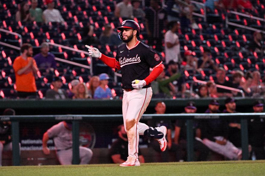 Washington Nationals second baseman Luis Garcia (2) rounding the bases after hitting a home run during the ninth inning of an MLB game against the Colorado Rockies at Nationals Park in Washington D.C., June 17, 2025. (Photo by All-Pro Reels for Washington Times Sports)