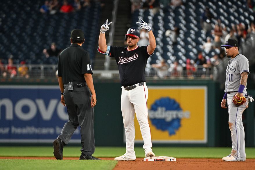 Washington Nationals first baseman Nate Lowe (33) standing on second base after hitting a double during the ninth inning of an MLB game against the Colorado Rockies at Nationals Park in Washington D.C., June 17, 2025. (Photo by All-Pro Reels for Washington Times Sports)
