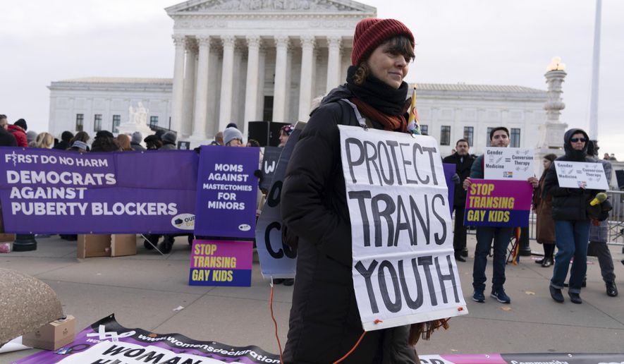 FILE - Protesters for and against gender-affirming care for transgender minors demonstrate outside the Supreme Court on Dec. 4, 2024, in Washington. (AP Photo/Jose Luis Magana, File)