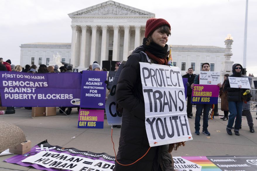 FILE - Protesters for and against gender-affirming care for transgender minors demonstrate outside the Supreme Court on Dec. 4, 2024, in Washington. (AP Photo/Jose Luis Magana, File)