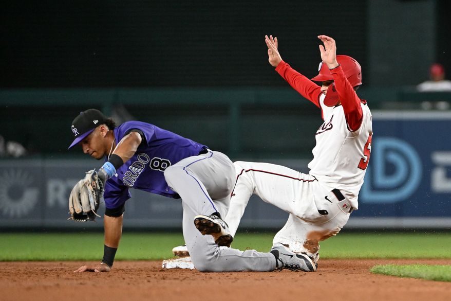 Washington Nationals third baseman Brady House (55) successfully stealing second base during the second inning of an MLB game against the Colorado Rockies at Nationals Park in Washington D.C., June 18, 2025. (Photo by All-Pro Reels for Washington Times Sports)