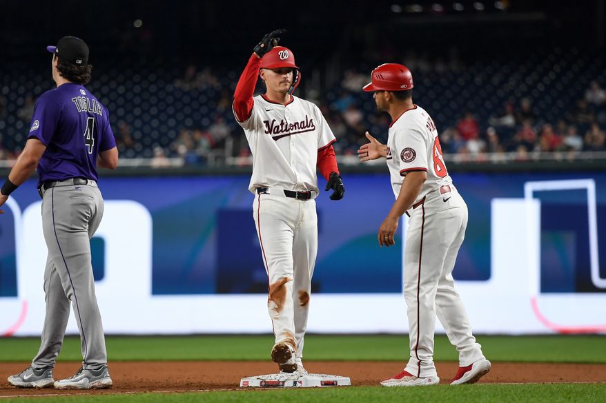 Washington Nationals third baseman Brady House (55) standing on first base after hitting a single during the sixth inning of an MLB game against the Colorado Rockies at Nationals Park in Washington D.C., June 18, 2025. (Photo by All-Pro Reels for Washington Times Sports)