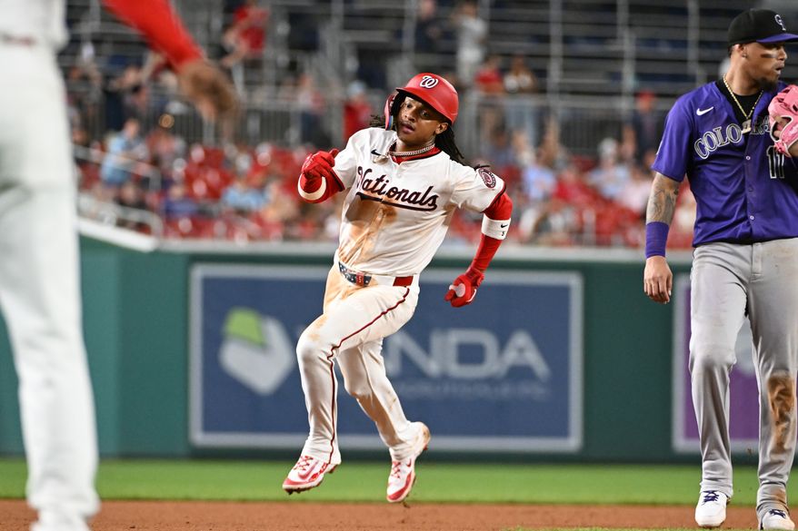 Washington Nationals shortstop C.J. Abrams (5) running towards third on James Wood’s double during the seventh inning of an MLB game against the Colorado Rockies at Nationals Park in Washington D.C., June 18, 2025. (Photo by All-Pro Reels for Washington Times Sports)