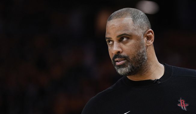 FILE - Houston Rockets head coach Ime Udoka watches during the second half of Game 6 of an NBA basketball first-round playoff series against the Golden State Warriors in San Francisco on May 2, 2025. (AP Photo/Godofredo A. Vásquez, File)
