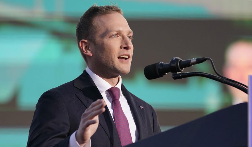 Republican U.S. Rep. Max Miller speaks before President Donald Trump at a rally in support of the campaign of Ohio Senate candidate J.D. Vance at Wright Bros. Aero Inc. at Dayton International Airport on Nov. 7, 2022, in Vandalia, Ohio. (AP Photo/Michael Conroy, File)