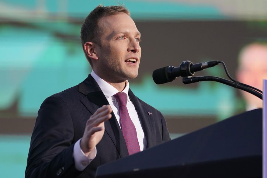 Republican U.S. Rep. Max Miller speaks before President Donald Trump at a rally in support of the campaign of Ohio Senate candidate J.D. Vance at Wright Bros. Aero Inc. at Dayton International Airport on Nov. 7, 2022, in Vandalia, Ohio. (AP Photo/Michael Conroy, File)