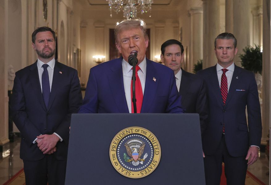 President Donald Trump speaks from the East Room of the White House in Washington, Saturday, June 21, 2025, after the U.S. military struck three Iranian nuclear and military sites, directly joining Israel's effort to decapitate the country's nuclear program, as Vice President JD Vance, Secretary of State Marco Rubio and Defense Secretary Pete Hegseth listen. (Carlos Barria/Pool via AP)