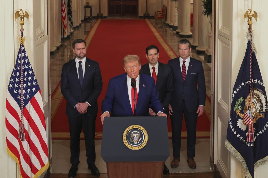 President Donald Trump speaks from the East Room of the White House in Washington, Saturday, June 21, 2025, after the U.S. military struck three Iranian nuclear and military sites, directly joining Israel's effort to decapitate the country's nuclear program, as Vice President JD Vance, Secretary of State Marco Rubio and Defense Secretary Pete Hegseth listen. (Carlos Barria/Pool via AP)