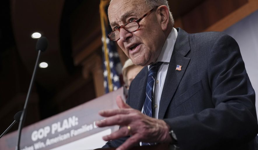 Senate Minority Leader Chuck Schumer, D-N.Y., talks to reporters about Senate Republicans' efforts to pass President Donald Trump's tax cut and spending agenda with deeper Medicaid cuts, at the Capitol in Washington, Wednesday, June 18, 2025. (AP Photo/J. Scott Applewhite)