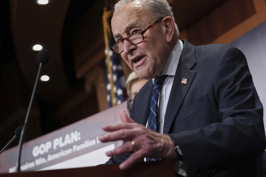 Senate Minority Leader Chuck Schumer, D-N.Y., talks to reporters about Senate Republicans' efforts to pass President Donald Trump's tax cut and spending agenda with deeper Medicaid cuts, at the Capitol in Washington, Wednesday, June 18, 2025. (AP Photo/J. Scott Applewhite)