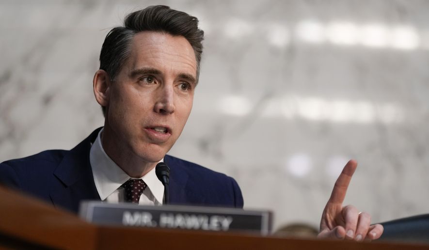 FILE - Sen. Josh Hawley, R-Mo., speaks during a confirmation hearing at the Capitol in Washington, Jan. 15, 2025. (AP Photo/Ben Curtis, File)